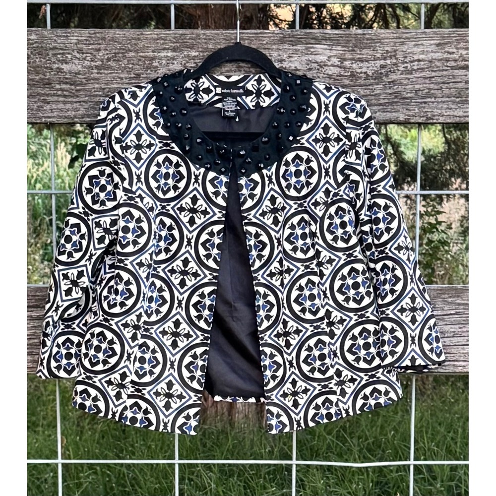 Valerie Bertinelli Womens Blue Geometric Tile Print Embellished Jacket Size L‎